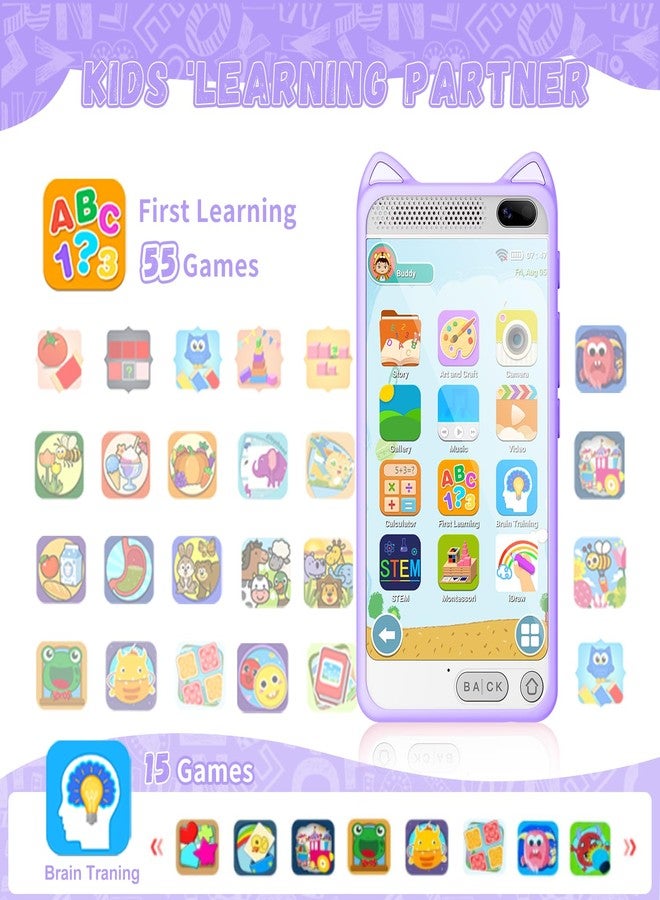 E teacher Toys Kids Smartphone, 3.97" Screen Dual Camera Kids Toys Phone with Music Player, 2000mA Toddler Toy Learning Phone with Games, Front Camera, Pretend Play Smartphone（Purple） - Image 2